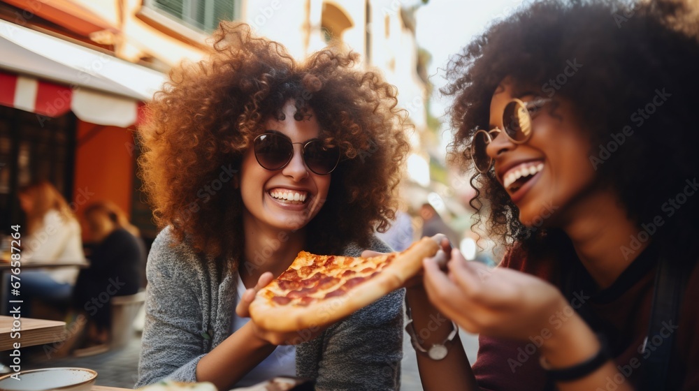 Fototapeta premium Young Women Enjoying Pizza Outdoors in the City. Generative ai