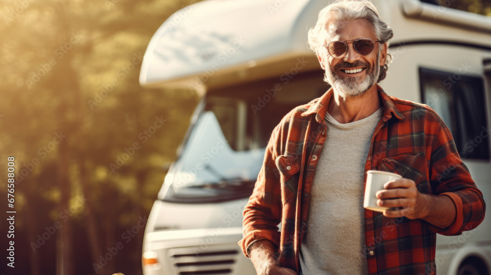 Portrait of an old hipster in front of van holds cup of coffee looking at camera.