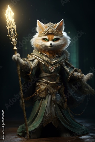 witch fox making magic, high ornamented, green and golden armor, generative ai