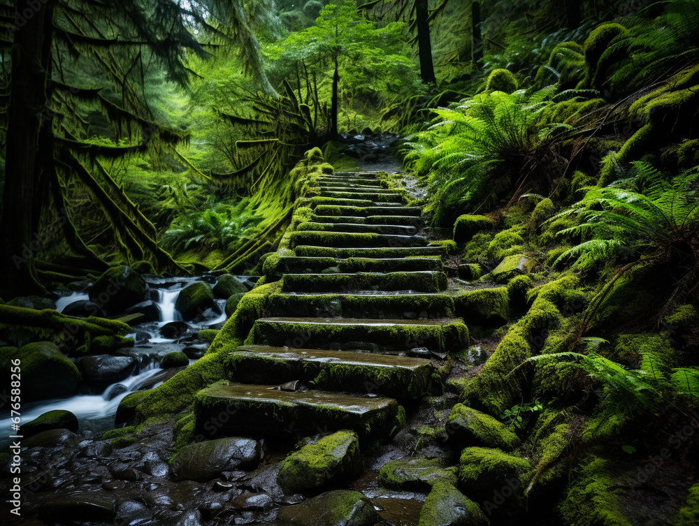 hiking trail leading to a waterfall in the Pacific Northwest, lush ferns and moss-covered rocks, misty ambiance, hiking trail leading to a waterfall in the Pacific Northwest, lush ferns and moss-covered rocks, misty ambiance,