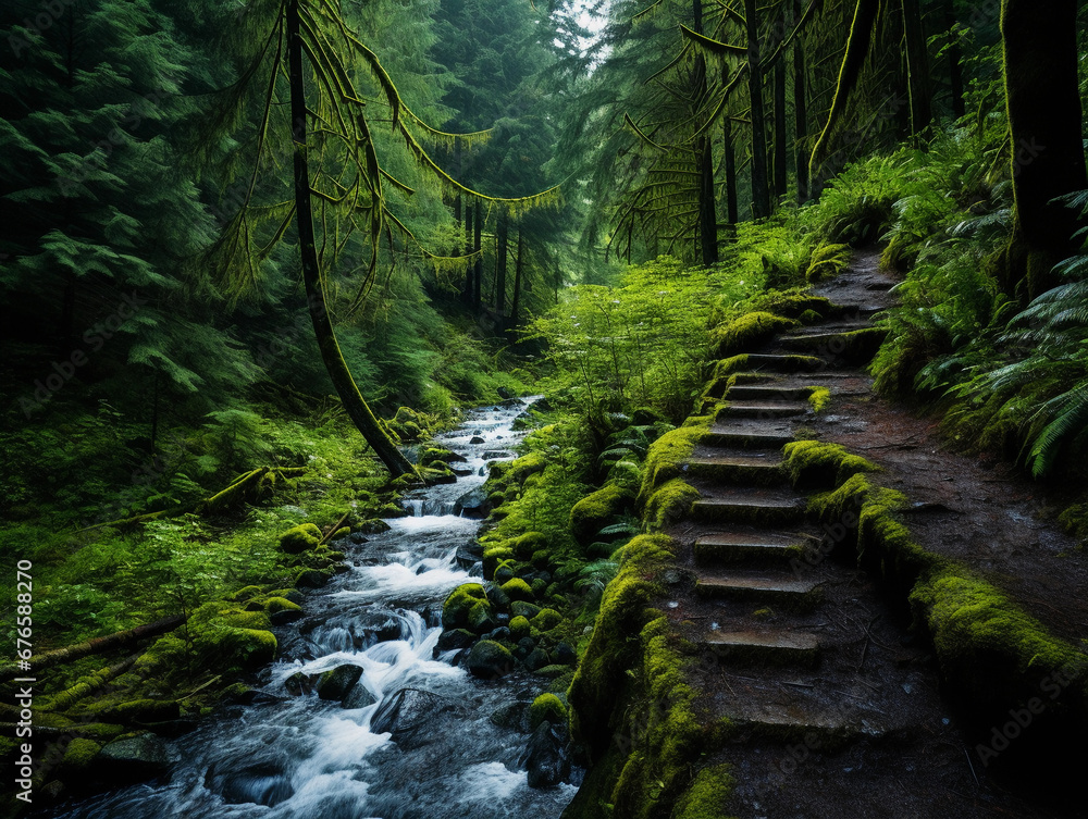 hiking trail leading to a waterfall in the Pacific Northwest, lush ferns and moss-covered rocks, misty ambiance, hiking trail leading to a waterfall in the Pacific Northwest, lush ferns and moss-covered rocks, misty ambiance,