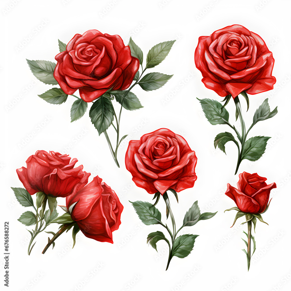 Set of red roses, Watercolor red roses, red roses and leaves on white background. Set of red roses, Watercolor red roses, red roses and leaves on white background.