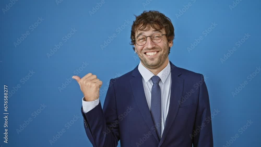 Cheerful young man in business suit, pointing to the side with a thumbs up, smiling, over isolated blue background Cheerful young man in business suit, pointing to the side with a thumbs up, smiling, over isolated blue background