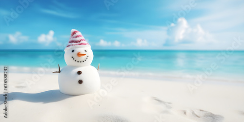 White snowman on the beach, concept of tropical christmas background