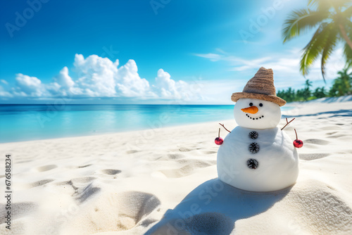White snowman on the beach  concept of tropical christmas background