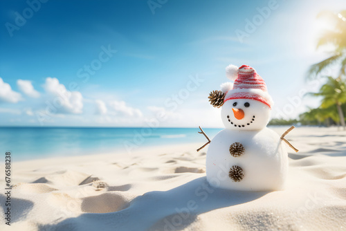 White snowman on the beach, concept of tropical christmas background