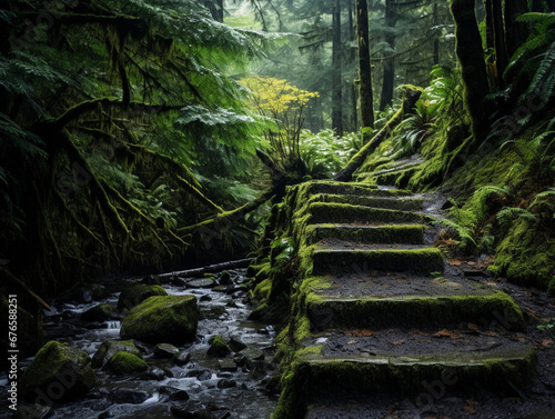 hiking trail leading to a waterfall in the Pacific Northwest  lush ferns and moss-covered rocks  misty ambiance 