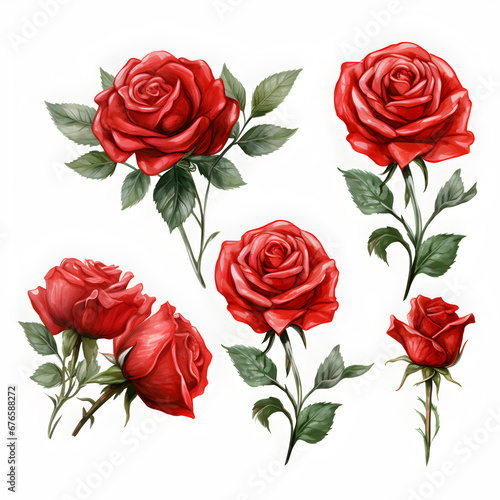 Set of red roses  Watercolor red roses  red roses and leaves on white background.