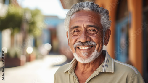 Indoors Portrait of happy elderly Latina man. Life in village.