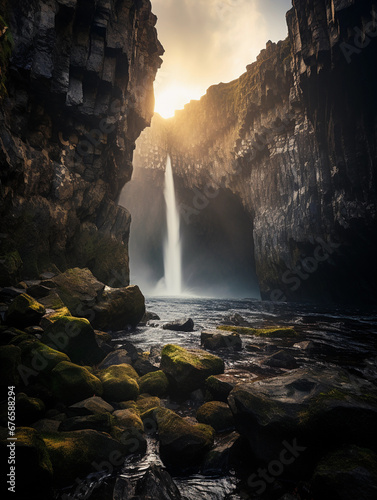 Waterfall framed by a natural rock arch  misty conditions  early morning light