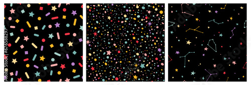 Vector Seamless Patterns Set with Stars, Dots and Constellation on Black Background. Illustration of Dark Night Sky with Hand Drawn Star Shapes