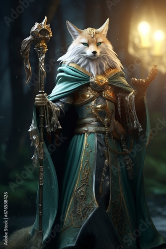 witch fox making magic, high ornamented, green and golden armor, generative ai