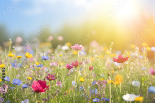 Colorful wildflower meadow with sunshine and blue sky - summer flower meadow - Holiday time in the garden