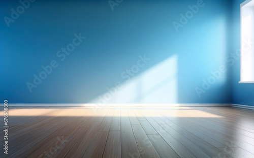 Serene light blue wall in an empty smooth wooden floor with gentle glare from window background © Aimee