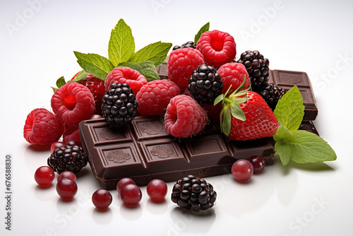 Chocolate bars and berries on white background.