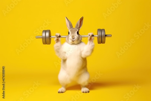 Strong funny rabbit in sportswear doing exercises with dumbbells