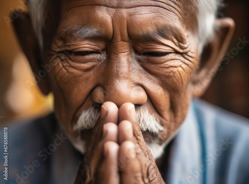 Religious grandfather praying closeup