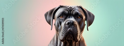 Studio portraits of a funny Cane Corso dog on a plain and colored background. Creative animal concept, dog on a uniform background for design and advertising.