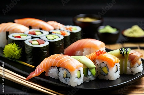 Appetizing sushi set from salmon makizushi and nigirizushi with various toppings served on a black plate with wasabi and soy sauce
