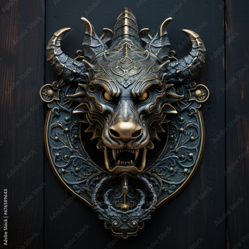 Bronze dragon head. Metal dragon on wooden gate. The dragon is the symbol of 2024. AI generated Bronze dragon head. Metal dragon on wooden gate. The dragon is the symbol of 2024. AI generated