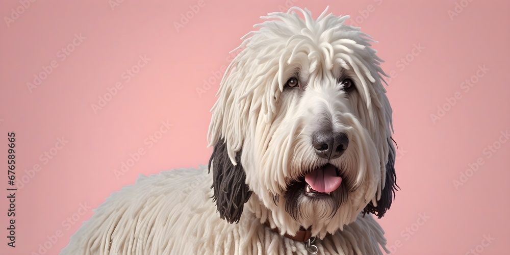 Studio portraits of a funny Komondor dog on a plain and colored background. Creative animal concept, dog on a uniform background for design and advertising.