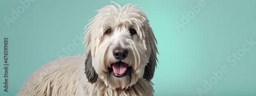 Studio portraits of a funny Komondor dog on a plain and colored background. Creative animal concept, dog on a uniform background for design and advertising. photo