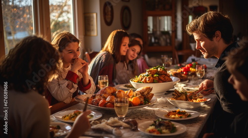 Realistic image of a group of people dining together on Thanksgiving Day.