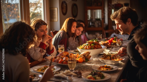 Realistic image of a group of people dining together on Thanksgiving Day. © Gambusino