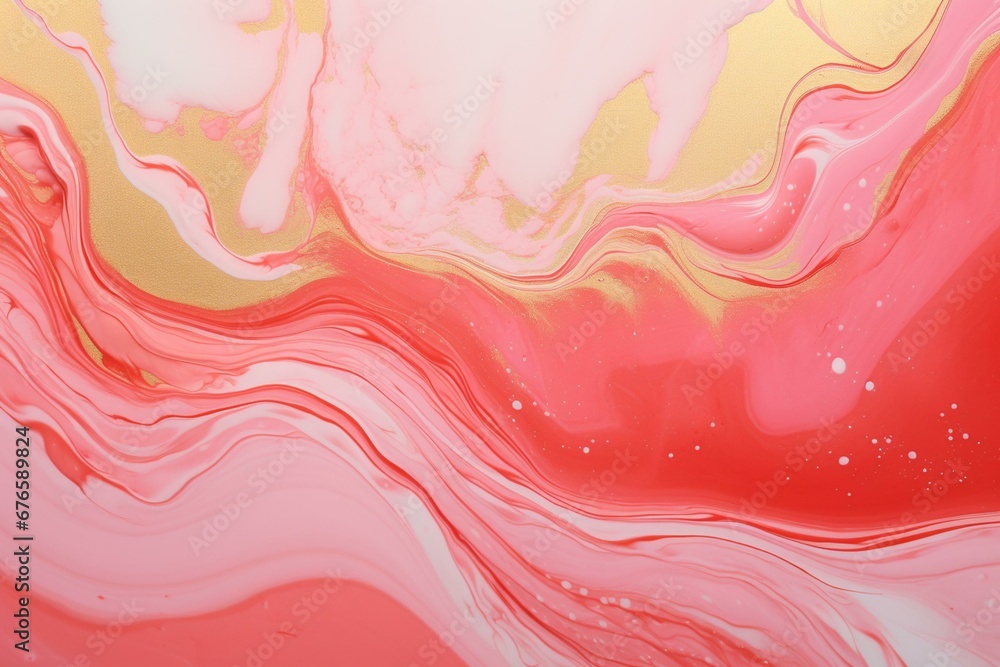 Fluid and stylish marbled backdrop in stunning coral and pink shades, displaying a liquid texture adorned with golden shimmer. Generative AI