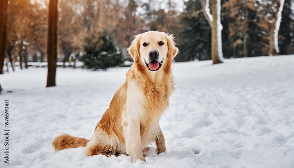Playful Golden Retriever enjoying a vibrant winter day in the snow-covered park
