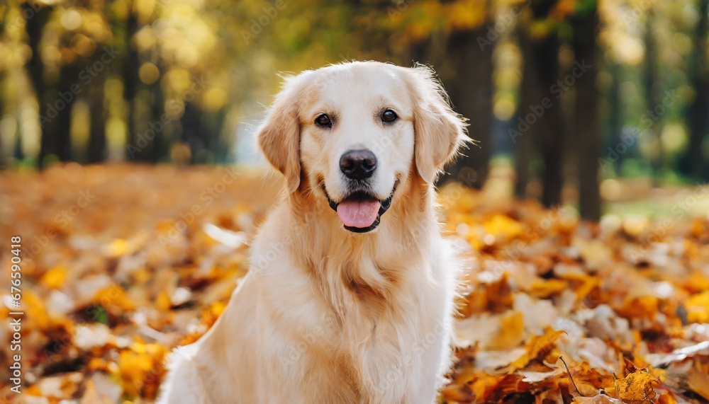 Golden Retriever basking in the glow of autumn leaves in a peaceful park setting Golden Retriever basking in the glow of autumn leaves in a peaceful park setting