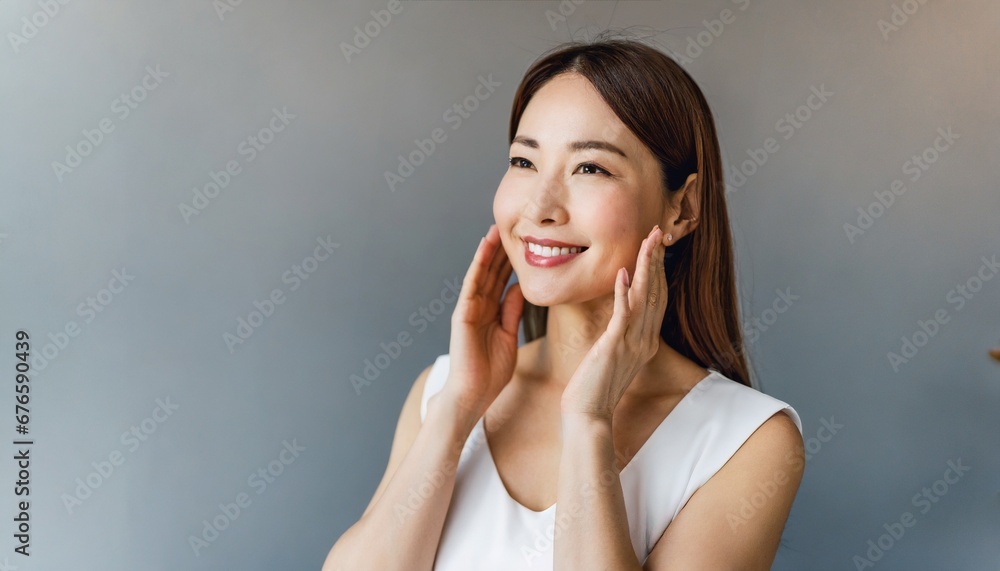 Young woman touching her flawless skin with a smile, symbolizing skincare and beauty