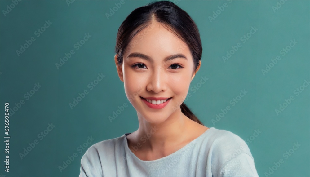 Radiant Asian woman with a captivating smile, posing against a serene teal backdrop Radiant Asian woman with a captivating smile, posing against a serene teal backdrop