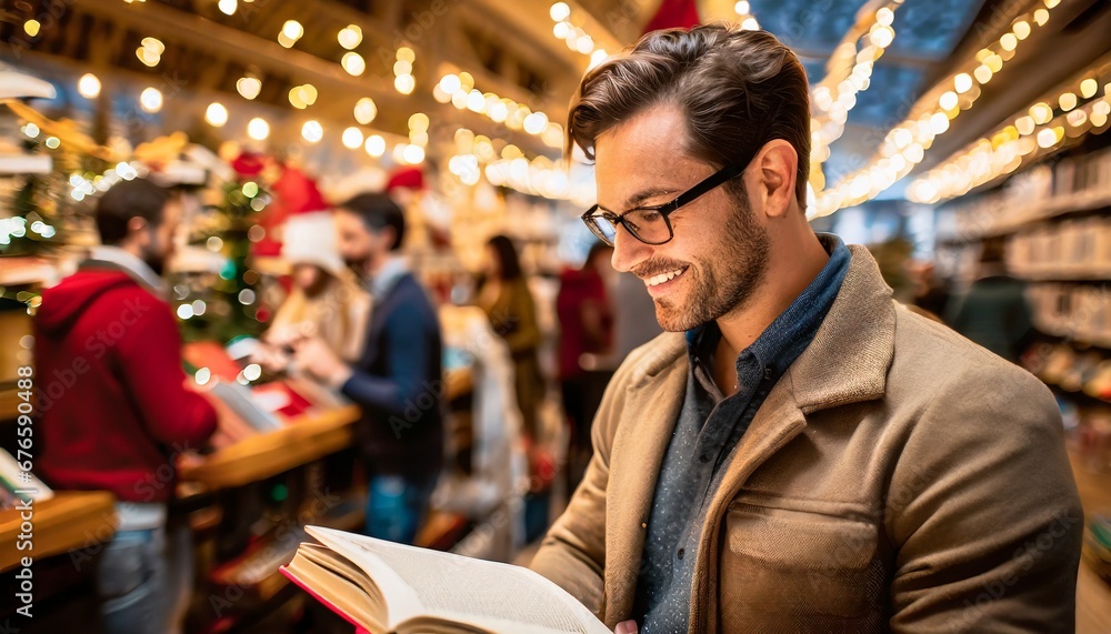 Smiling man enjoying a good read in a bookstore adorned with Christmas decorations and lights