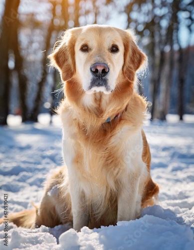 Serene Golden Retriever sitting amidst a snowy landscape, bathed in winter sunlight