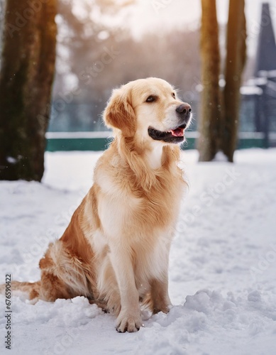 Golden Retriever sitting gracefully in a snow-filled park, exuding warmth and charm