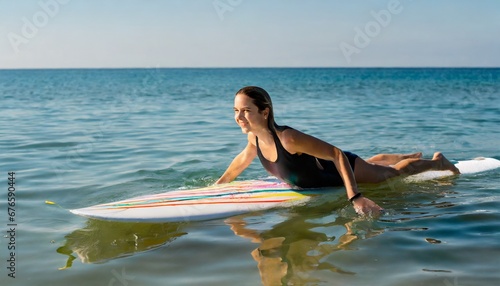  Smiling surfer with her board in shallow waters, enjoying the calmness of the ocean © ixKavu