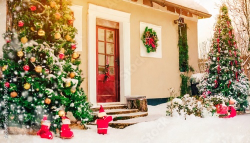 Cozy winter holiday scene with a snow-covered Christmas tree by a festive doorstep