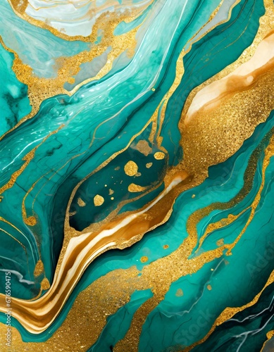 Mesmerizing swirls of turquoise and gold in a luxurious abstract ink marble pattern, wallpaper, background