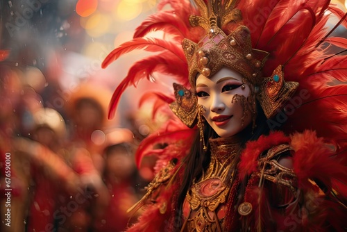 Chinese New Year, woman at a traditional festival dressed in traditional clothing and mask