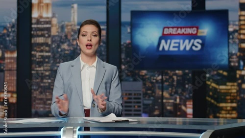 Woman host presenting newscast standing tv stage near screen. Lady breaking news photo