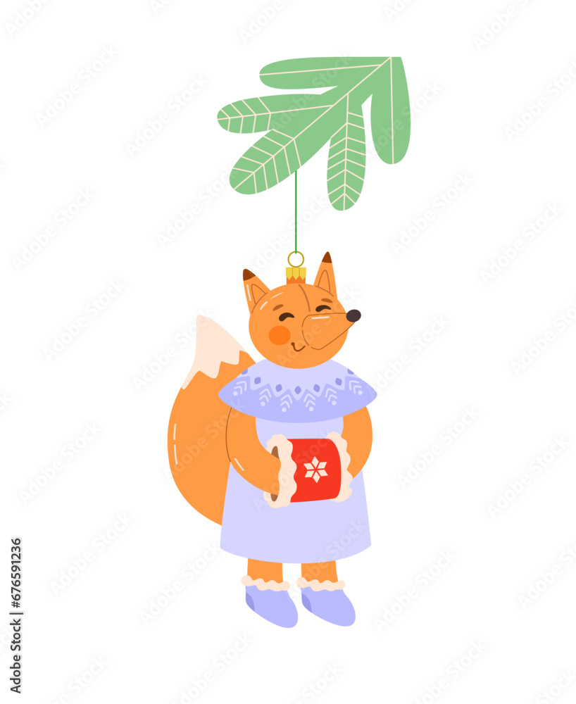 Christmas tree toy on string in shape of fox figurine in knitted Scandinavian sweater with ornament and hand muff. Cute vector illustration of Christmas decorations on white isolated background. Christmas tree toy on string in shape of fox figurine in knitted Scandinavian sweater with ornament and hand muff. Cute vector illustration of Christmas decorations on white isolated background.