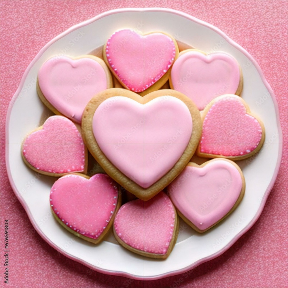 Valentine cookies, The pink hearts cookies, Valentine's Day cookies background. top view