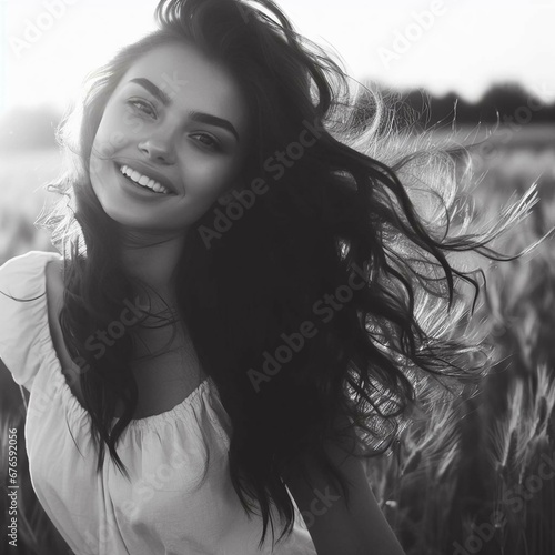 Young happy smiling woman standing in a field with sun shining through her hair