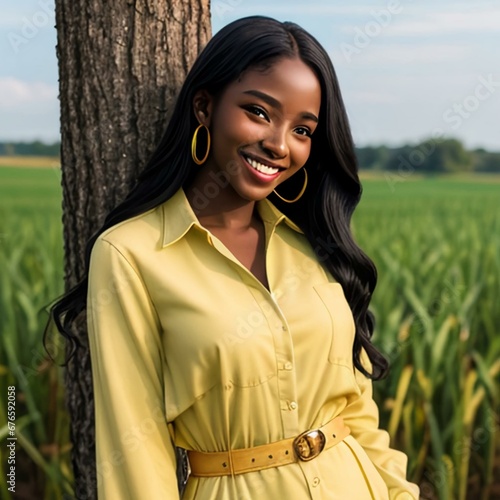 Young happy smiling woman standing in a field with sun shining through her hair