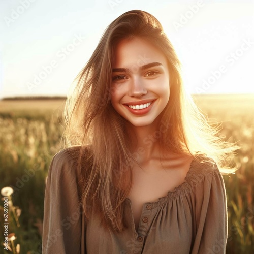 Young happy smiling woman standing in a field with sun shining through her hair