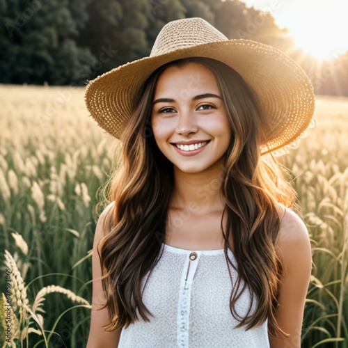 Young happy smiling woman standing in a field with sun shining through her hair