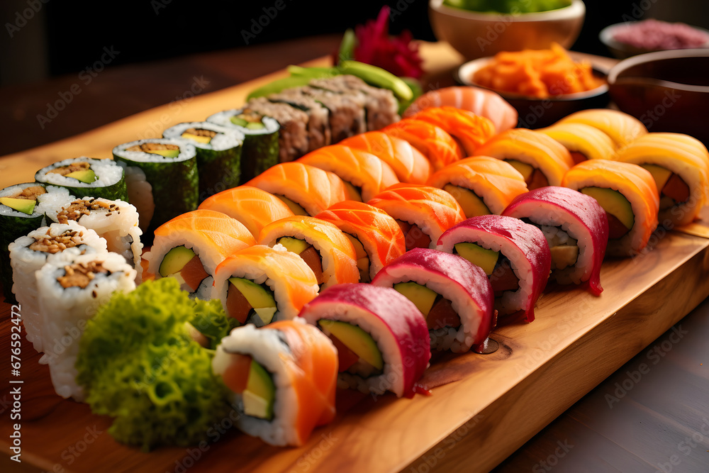A colorful array of sushi rolls, meticulously arranged on a bamboo platter, showcasing various types of fish, avocado, cucumber, and pickled ginger. Ai Generated.NO.01 A colorful array of sushi rolls, meticulously arranged on a bamboo platter, showcasing various types of fish, avocado, cucumber, and pickled ginger. Ai Generated.NO.01
