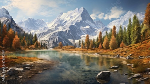 3d rendering wall painting snow covered mountains photo