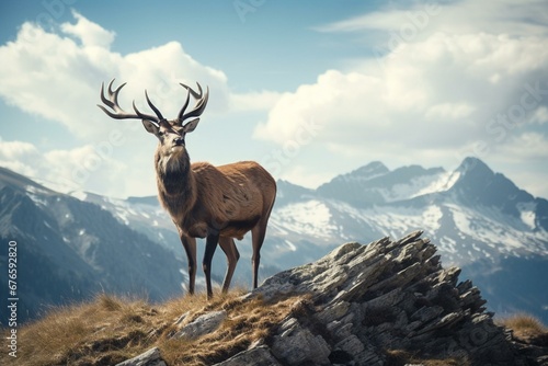 Wild deer on a mountain embodying the spirit of the untamed outdoors and hunting. Generative AI © Ayub